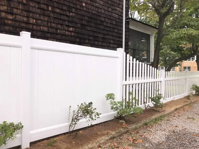 White vinyl privacy and picket fence combination by Fencing By Excellence near Keyport, Monmouth County NJ